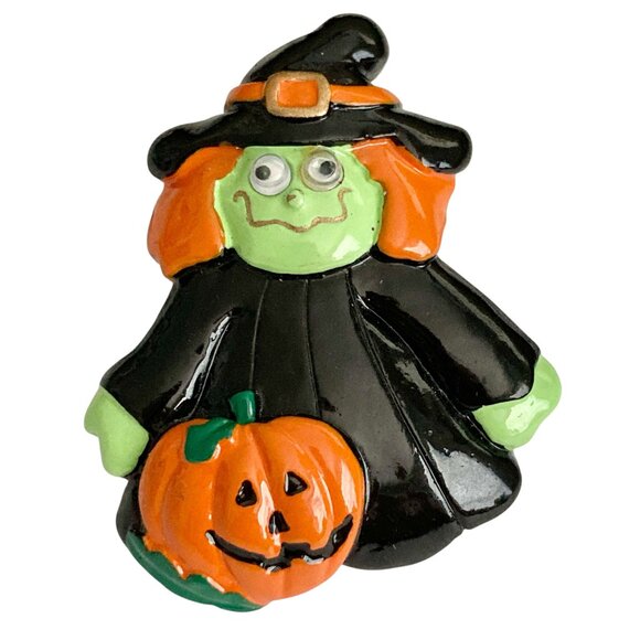 Vintage Halloween Witch Pin Brooch Pumpkin Witches Hat Black Orange Green Resin - Picture 1 of 7